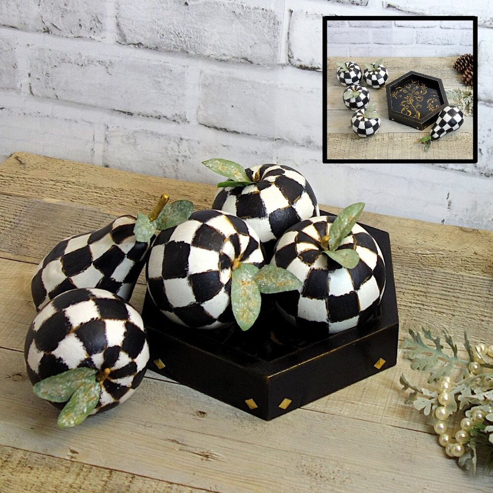 Checked Fruit and Riser Set Distressed Checked Apple Pear French Country Decor